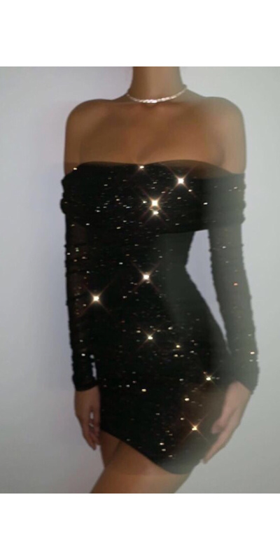 Black Diamante Ruched Dress