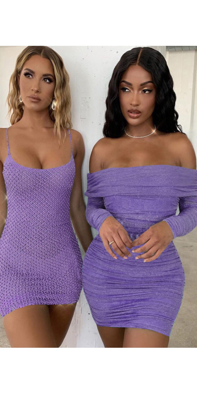 Purple Diamante Ruched Dress
